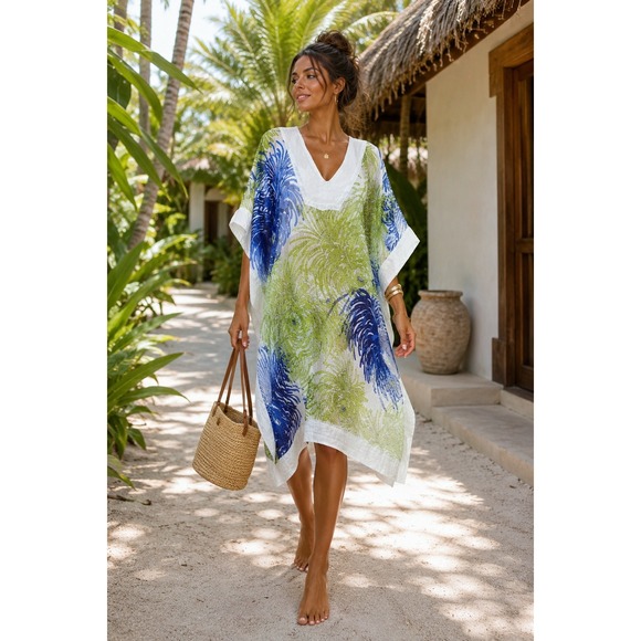 JR S.r.l. Other - Tropical Print Caftan Tunic Sheer Cover Up One Size Resort Boho Beach Vacation